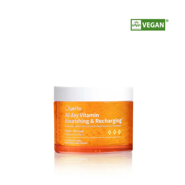 Un pot de masque nettoyant nourrissant et régénérant vitaminé Jumiso All Day. Le pot est orange, avec un texte blanc et un logo indiquant la certification vegan par EVE. Le fond est blanc. Dakar