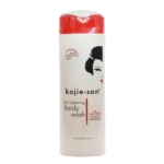 Un flacon de gel douche éclaircissant Kojie San avec un bouchon rouge. L'étiquette représente un visage de femme et mentionne « lumière zéro pigment » et « avec HydraMoist ». Le flacon est principalement blanc. Dakar