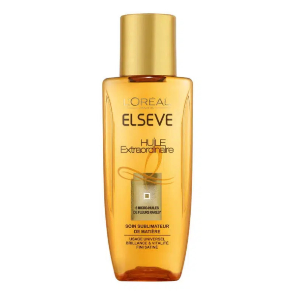 Un flacon d'Huile Extraordinaire Elsève de L'Oréal Paris est présenté. Le flacon est doré et son bouchon est assorti. Le texte sur le flacon met en avant « 6 micro-huiles de fleurs rares » et indique qu'il s'agit d'un soin capillaire universel pour la brillance et la vitalité. Dakar