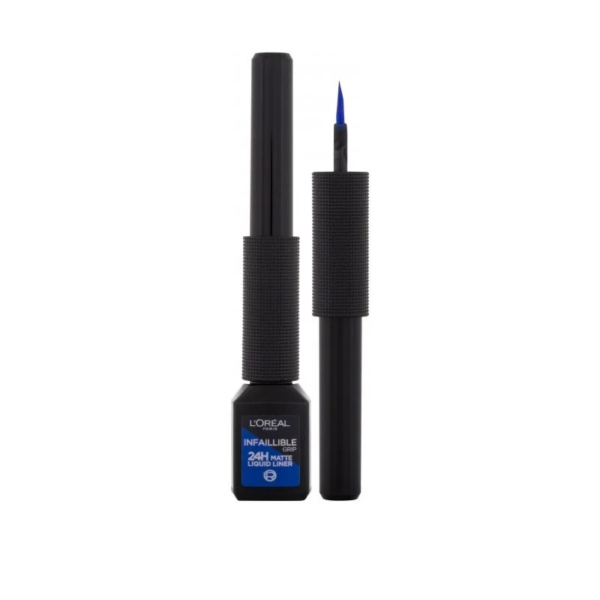Flacon noir de Liner Liquide Mat Infaillible 24H de L'Oréal, doté d'un embout pinceau bleu fin. Le flacon et le bouchon sont cylindriques et dotés de grips texturés. Le bouchon se retire et se place à la verticale, à côté du flacon. Dakar