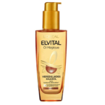 Un flacon transparent de L'Oréal Elvital Öl Magique au bouchon doré. L'étiquette présente une goutte d'huile stylisée et un texte en allemand décrivant cette huile capillaire aux précieux extraits botaniques, conçue pour nourrir et apporter de la brillance. Dakar
