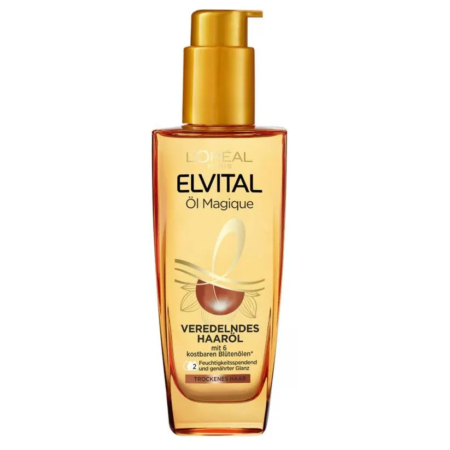 Un flacon transparent de L'Oréal Elvital Öl Magique au bouchon doré. L'étiquette présente une goutte d'huile stylisée et un texte en allemand décrivant cette huile capillaire aux précieux extraits botaniques, conçue pour nourrir et apporter de la brillance. Dakar
