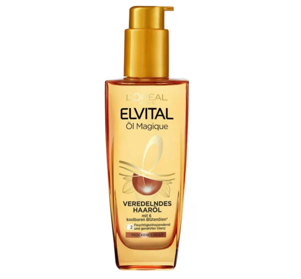 Un flacon transparent de L'Oréal Elvital Öl Magique au bouchon doré. L'étiquette présente une goutte d'huile stylisée et un texte en allemand décrivant cette huile capillaire aux précieux extraits botaniques, conçue pour nourrir et apporter de la brillance. Dakar