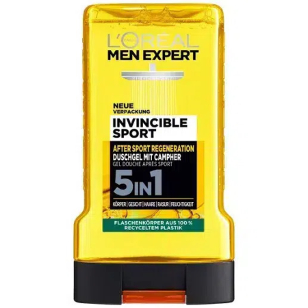 Un flacon jaune de gel douche Invincible Sport 5-en-1 L'Oréal Men Expert, orné d'un texte noir et blanc en allemand. Le flacon est doté d'un bouchon noir et est fabriqué à partir de plastique 100 % recyclé. Dakar