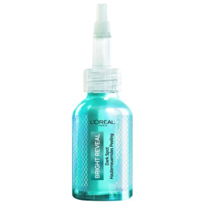 Un flacon transparent avec un liquide bleu sarcelle et un couvercle compte-gouttes, étiqueté « L'Oréal Paris Bright Reveal Dark Spot Peeling » avec un design texturé sur les côtés. Dakar