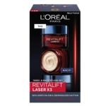 L'image montre l'emballage du coffret de soins jour et nuit Revitalift Laser X3 de L'Oréal Paris. La boîte contient deux pots, mettant l'accent sur les bienfaits anti-âge. Le texte sur la boîte mentionne « Neue Formel », suggérant une nouvelle formule. Dakar