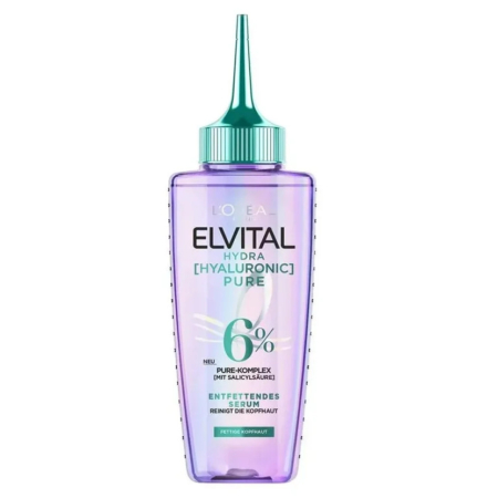 Un flacon violet de L'Oréal Elvital Hydra [Hyaluronique] Pure avec un embout vert. L'étiquette présente un complexe pur à 6 % avec de l'acide salicylique, conçu pour nettoyer le cuir chevelu. Le flacon est de 200 ml. Dakar
