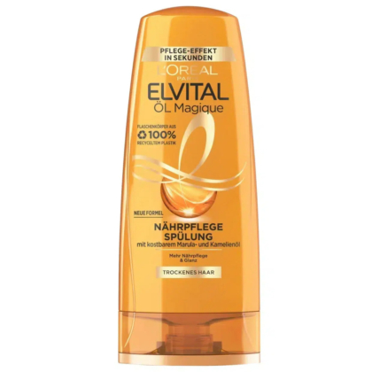 Un flacon orange de l'après-shampoing Elvital Öl Magique de L'Oréal Paris pour cheveux secs, aux huiles de marula et de camélia. Il revendique un effet soin immédiat et est fabriqué à partir de plastique 100 % recyclé. Texte en allemand. Dakar