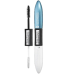 Un mascara waterproof à double embout, doté d'un applicateur volumateur noir d'un côté et d'une base revitalisante blanche de l'autre. Son packaging élégant est orné de touches de bleu et de blanc sur les étiquettes des produits. Dakar