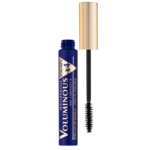 Un tube bleu de mascara volumateur waterproof avec un bouchon doré. La brosse est visible à l'extérieur du tube. Le produit prétend augmenter le volume et porte le logo de la marque. Dakar