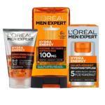 Coffret de soins L'Oréal Men Expert Hydra Energy comprenant un gel lavant rafraîchissant, un gel douche corps et visage à 100 mg de taurine et un gel hydratant anti-fatigue 24 heures. L'emballage met l'accent sur les bienfaits de la crème. Dakar