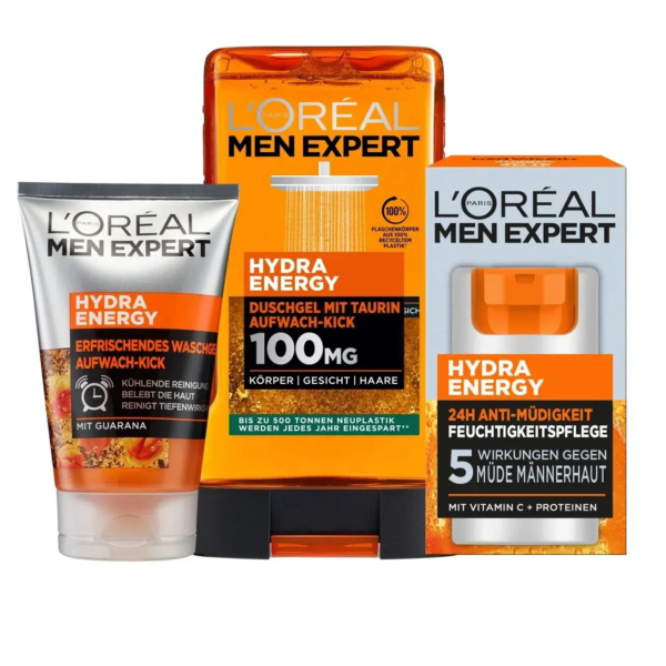 Coffret de soins L'Oréal Men Expert Hydra Energy comprenant un gel lavant rafraîchissant, un gel douche corps et visage à 100 mg de taurine et un gel hydratant anti-fatigue 24 heures. L'emballage met l'accent sur les bienfaits de la crème. Dakar