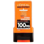 Flacon orange de gel douche Hydra Energetic de L'Oréal Men Expert. Les mentions « Nuovo », « 100 MG » et « Doccia, Shampoo, Viso » sont mises en avant. Image d'un pommeau de douche sur l'étiquette. Dakar
