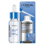 Une boîte bleue et blanche à l'effigie de L'Oréal Paris côtoie un flacon compte-gouttes transparent de sérum anti-âge Kollagen Experte. L'emballage met en avant ses bienfaits, notamment ses propriétés anti-âge et hydratantes. Dakar