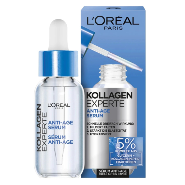 Une boîte bleue et blanche à l'effigie de L'Oréal Paris côtoie un flacon compte-gouttes transparent de sérum anti-âge Kollagen Experte. L'emballage met en avant ses bienfaits, notamment ses propriétés anti-âge et hydratantes. Dakar