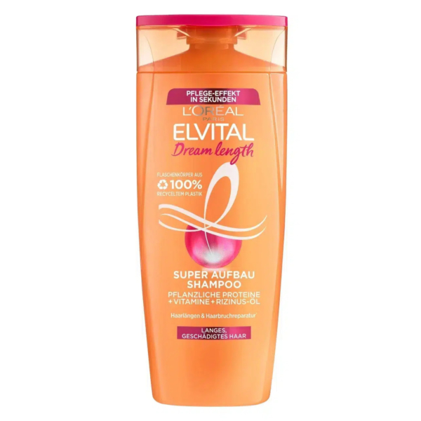 Un flacon orange de shampoing L'Oréal Elvital Dream Length, doté d'un bouchon rose à clapet. L'étiquette mentionne les protéines végétales, les vitamines et l'huile de ricin, pour une action réparatrice sur les cheveux longs et abîmés. Dakar