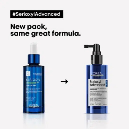 Deux flacons L'Oréal Professionnel sont présentés. L'ancien modèle, avec compte-gouttes, est à gauche et porte l'inscription « Serioxyl Cheveux Plus Épais ». Le nouveau modèle, avec pompe, est à droite et porte l'inscription « Serioxyl Advanced ». Texte : « Nouveau flacon, même formule exceptionnelle. Dakar