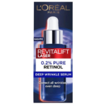 Image d'une boîte de sérum anti-rides profondes Revitalift Laser de L'Oréal Paris. L'emballage présente un flacon compte-gouttes sur fond sombre, avec l'inscription « 0,2 % de rétinol pur » et le texte « Corrige toutes les rides, même profondes ». Dakar