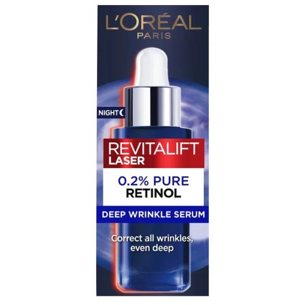 Image d'une boîte de sérum anti-rides profondes Revitalift Laser de L'Oréal Paris. L'emballage présente un flacon compte-gouttes sur fond sombre, avec l'inscription « 0,2 % de rétinol pur » et le texte « Corrige toutes les rides, même profondes ». Dakar