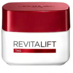 Un pot carré de crème de jour Revitalift de L'Oréal Paris avec un couvercle rouge. L'étiquette avant porte l'inscription « REVITALIFT » en gros caractères et « TAG » dans une bande rouge en dessous. Dakar
