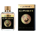 Flacon et emballage de l'eau de toilette pour homme « La Rive Cash ». Le flacon est transparent, avec un bouchon doré et une étiquette noire et dorée portant le mot « CASH » et une image rappelant la serrure à combinaison d'un coffre-fort. Dakar