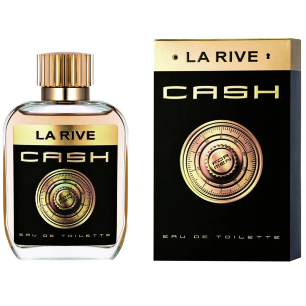 Flacon et emballage de l'eau de toilette pour homme « La Rive Cash ». Le flacon est transparent, avec un bouchon doré et une étiquette noire et dorée portant le mot « CASH » et une image rappelant la serrure à combinaison d'un coffre-fort. Dakar