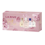 Coffret cadeau rose La Rive pour femme, composé de quatre flacons de parfum nommés Vanilla Touch, Isabel, Her Choice et Queen of Life. Le coffret est orné de grandes fleurs roses. Dakar