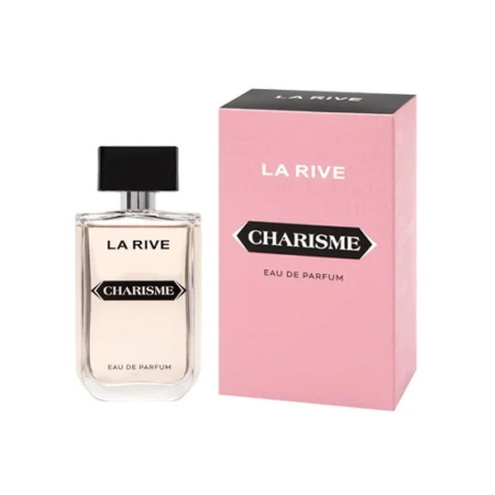 Un flacon de parfum étiqueté « La Rive Charisme Eau de Parfum » se trouve à côté de son coffret rose orné d'un texte noir et blanc. Le flacon est transparent avec un bouchon noir, et le coffret porte le même logo. Dakar