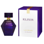 Un flacon de parfum « La Rive Élixir » au motif géométrique violet est présenté à côté de son coffret assorti. Ce dernier est principalement blanc avec des touches de violet et d'or. Les deux articles arborent les mots « Élixir » et « La Rive » en évidence. Dakar
