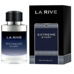 Un flacon d'eau de toilette « La Rive Extreme Story » est posé à côté de son emballage noir et gris. Le flacon arbore un dégradé de bleu et d'argent avec un bouchon noir, et l'emballage est assorti à la palette de couleurs. Dakar