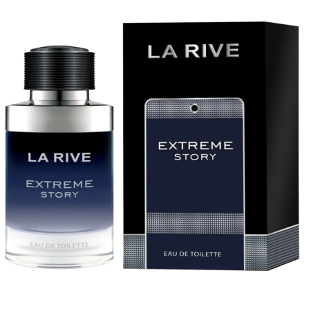 Un flacon d'eau de toilette « La Rive Extreme Story » est posé à côté de son emballage noir et gris. Le flacon arbore un dégradé de bleu et d'argent avec un bouchon noir, et l'emballage est assorti à la palette de couleurs. Dakar