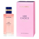 Un flacon rose d'eau de parfum « La Rive Her Choice » est présenté à côté de son coffret rose assorti. Tous deux arborent un lettrage doré et sont destinés aux femmes. Le flacon est doté d'un bouchon bleu aux touches dorées. Dakar