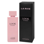 Flacon de parfum rectangulaire rose étiqueté « LA RIVE LOOK of woman » à côté d'une boîte noire assortie portant la même étiquette. Les deux articles sont présentés sur fond blanc. Dakar