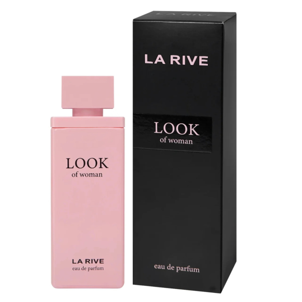 Flacon de parfum rectangulaire rose étiqueté « LA RIVE LOOK of woman » à côté d'une boîte noire assortie portant la même étiquette. Les deux articles sont présentés sur fond blanc. Dakar