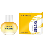 Un flacon de parfum jaune, étiqueté « LA RIVE SOLARE », est présenté à côté de son coffret assorti sur fond blanc. Ce coffret présente un design jaune avec le même texte, ainsi que les mentions « pour femme » et « eau de parfum ». Dakar