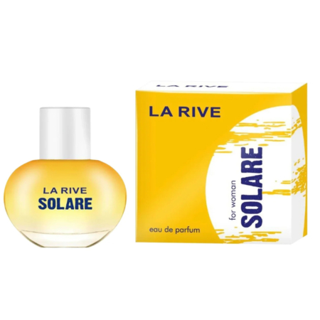 Un flacon de parfum jaune, étiqueté « LA RIVE SOLARE », est présenté à côté de son coffret assorti sur fond blanc. Ce coffret présente un design jaune avec le même texte, ainsi que les mentions « pour femme » et « eau de parfum ». Dakar