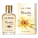 Un flacon de parfum étiqueté « LA RIVE Vanilla Touch » avec son coffret assorti. Ce dernier présente une illustration de fleur de vanille et l'inscription « eau de parfum ». Le liquide parfumé est de couleur ambre clair. Dakar