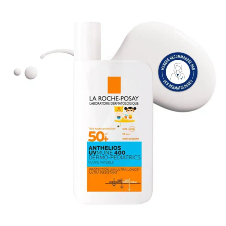 Flacon de crème solaire La Roche-Posay Anthelios UVMune 400 Dermo-Pediatrics avec SPF 50+ sur fond blanc. Le flacon arbore un texte bleu et orange avec un petit motif de soleil et un badge « recommandé par les dermatologues ». Dakar