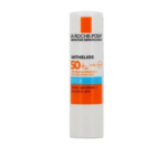Un stick de crème solaire La Roche-Posay Anthelios pour peaux sensibles est présenté. Il offre un indice de protection solaire SPF 50+ et une protection UVA/UVB, et son emballage est principalement blanc avec des touches d'orange. Dakar