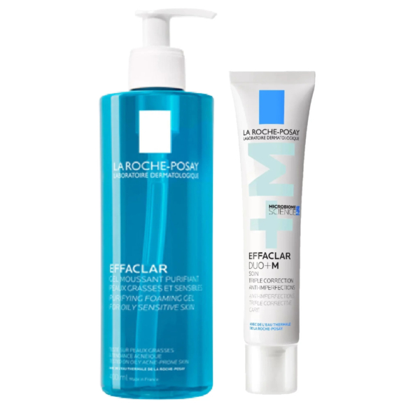 Deux produits de soin La Roche-Posay. À gauche, un flacon bleu étiqueté Effaclar Gel Moussant Purifiant. À droite, un tube blanc étiqueté Effaclar Duo+, tous deux conçus pour les peaux grasses et sensibles. Dakar