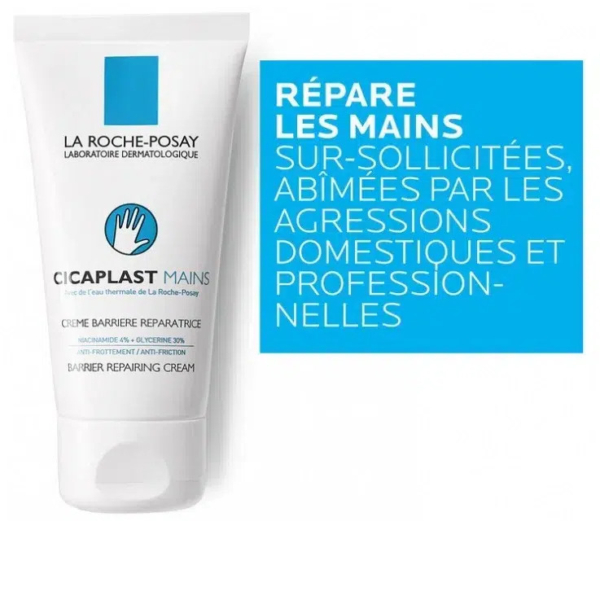 Un tube blanc de Crème Réparatrice Mains Barrière Cicaplast de La Roche-Posay est accompagné d'un texte français qui met en avant ses propriétés cicatrisantes pour les mains surmenées et abîmées par les activités domestiques et professionnelles. Dakar