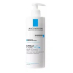 Flacon blanc de crème Lipikar AP+M de La Roche-Posay, muni d'une pompe. L'emballage affiche un texte bleu et noir, soulignant des caractéristiques comme l'absorption rapide et les propriétés anti-grattage. Contenance : 400 ml. Dakar