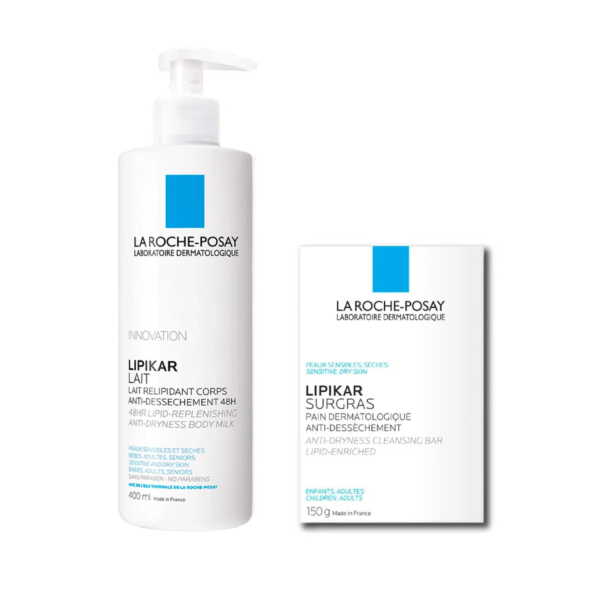 Un flacon pompe blanc et une boîte, tous deux étiquetés « La Roche-Posay Lipikar ». Le flacon contient le Lait Corps Relipidant (400 ml) et la boîte le Pain Nettoyant Surgras Lipikar (150 g). Tous deux arborent une étiquette bleue et mettent l'accent sur l'action anti-dessèchement. Dakar