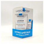 Un coffret promotionnel La Roche-Posay pour la crème pour les mains Lipikar Xerand et le baume à lèvres Nutritic. L'emballage est blanc et bleu avec un texte en français, mettant en valeur les deux produits à travers une fenêtre transparente. Dakar