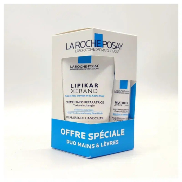 Un coffret promotionnel La Roche-Posay pour la crème pour les mains Lipikar Xerand et le baume à lèvres Nutritic. L'emballage est blanc et bleu avec un texte en français, mettant en valeur les deux produits à travers une fenêtre transparente. Dakar