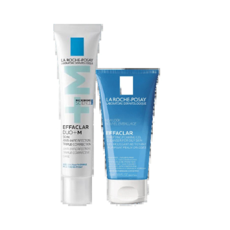 Deux tubes de soins La Roche-Posay : un tube blanc « Effaclar Duo (+) M » pour le soin anti-imperfections et un tube bleu « Effaclar » pour le gel moussant purifiant. Les deux tubes arborent le logo de la marque et un texte expliquant leur utilisation. Dakar