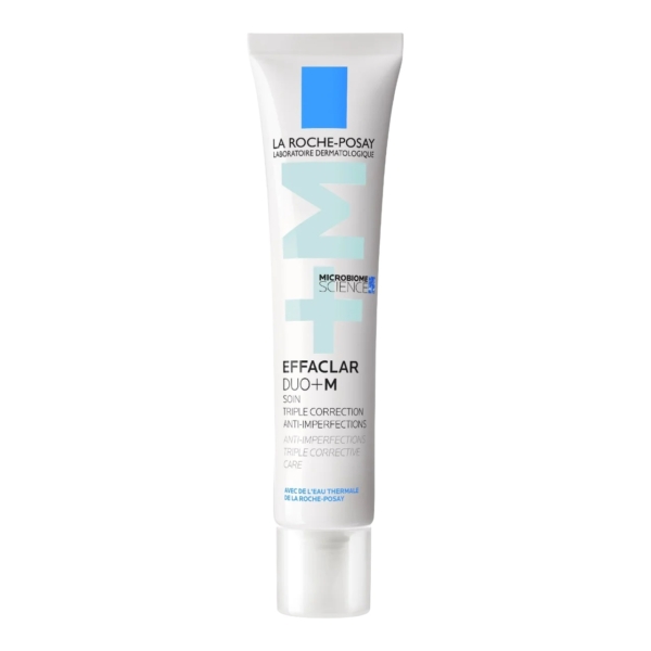 Un tube blanc de La Roche-Posay Effaclar Duo+ M, présenté comme un soin solaire triple correction anti-imperfections. Le tube arbore un logo bleu et blanc, ainsi qu'un texte détaillant ses propriétés correctrices. Dakar