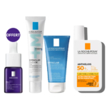 Une collection de produits de soin La Roche-Posay : un flacon compte-gouttes violet foncé, un tube blanc d'Effaclar Duo, un tube bleu de nettoyant visage et un flacon blanc de crème solaire Anthelios SPF 50+. Le mot « OFFERT » apparaît sur un cercle violet. Dakar
