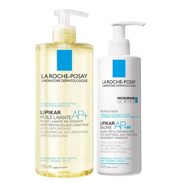 Deux produits de soin La Roche-Posay. À gauche, une huile démaquillante teintée jaune dans un flacon pompe étiqueté « Lipikar Huile Lavante AP+ ». À droite, un flacon pompe blanc de baume hydratant étiqueté « Lipikar Baume AP+M ». Dakar