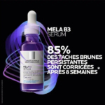 Image d'un flacon de sérum La Roche-Posay Mela B3 avec un bouchon violet sur fond foncé. Texte : « 85 % des taches brunes persistantes sont corrigées après 8 semaines. » Les lignes courbes en arrière-plan ajoutent une touche dynamique. Dakar